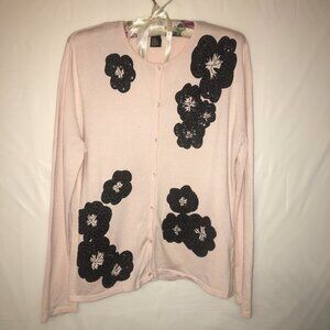 Tara Ryan Cardigan Size S Pale Pink Black Flowers